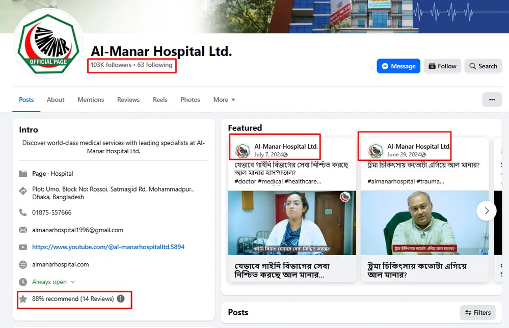 Al Manar Hospital Facebook page audit from the supplied proposal